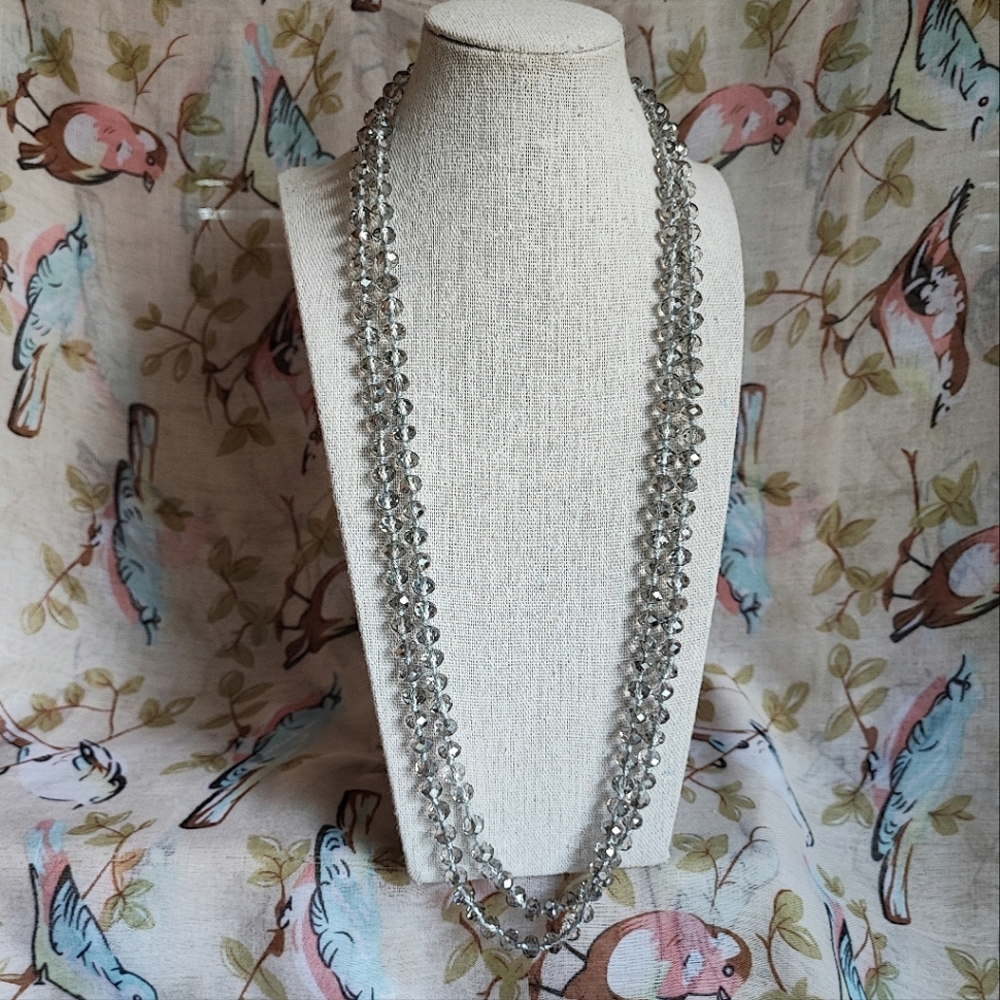 Long Heavily Faceted Smoke Gray Glass Pullover Vintage Necklace Signed CG EUC